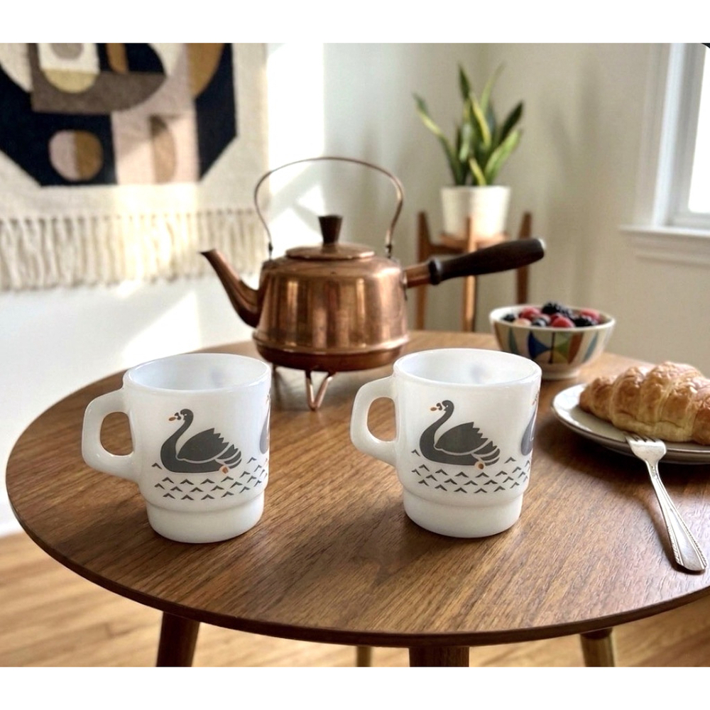 Vintage Galaxy Grey Swan Milk Glass Mugs Made in Mexico Set of 2
